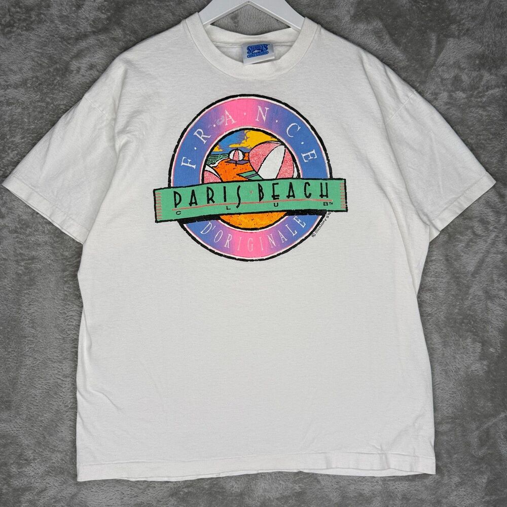 Vtg 90s Paris Beach T-Shirt Mens XL White France D'originale Sharkys Dry Goods